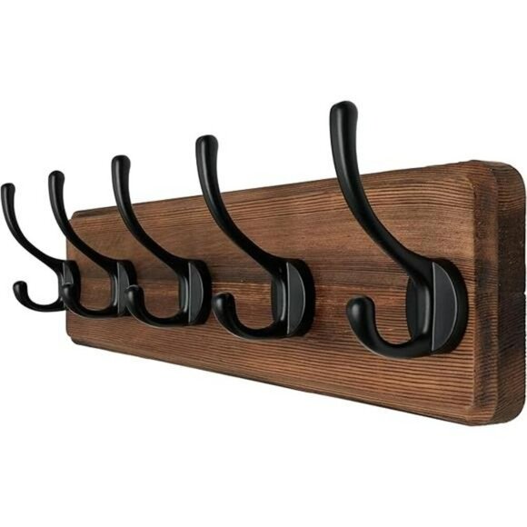 Wall Mounted Coat Rack Wood 5 Hook Heavy Duty Entryway Hat Towel Hanger - Picture 8 of 8